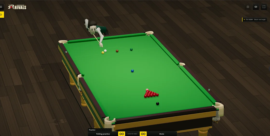Snooker Rivals gameplay showing the full table and balls.