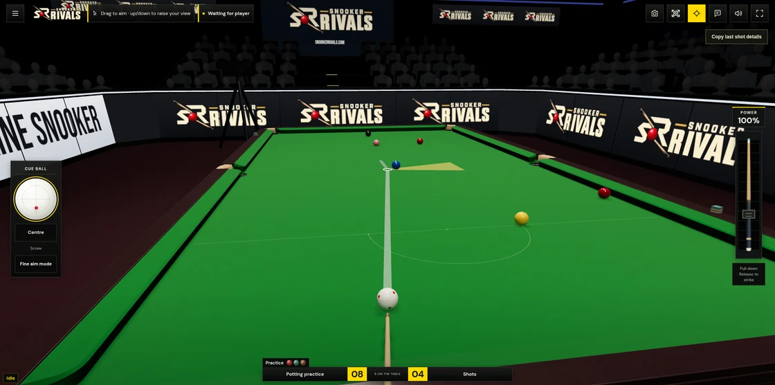 The player view in Snooker Rivals, showing aiming guides, cue-ball spin and shot power controls